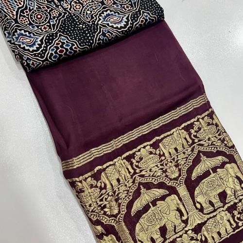 Plain Modal Silk Saree (Brown) With Nakshi Pallu And Ajrakh Blouse