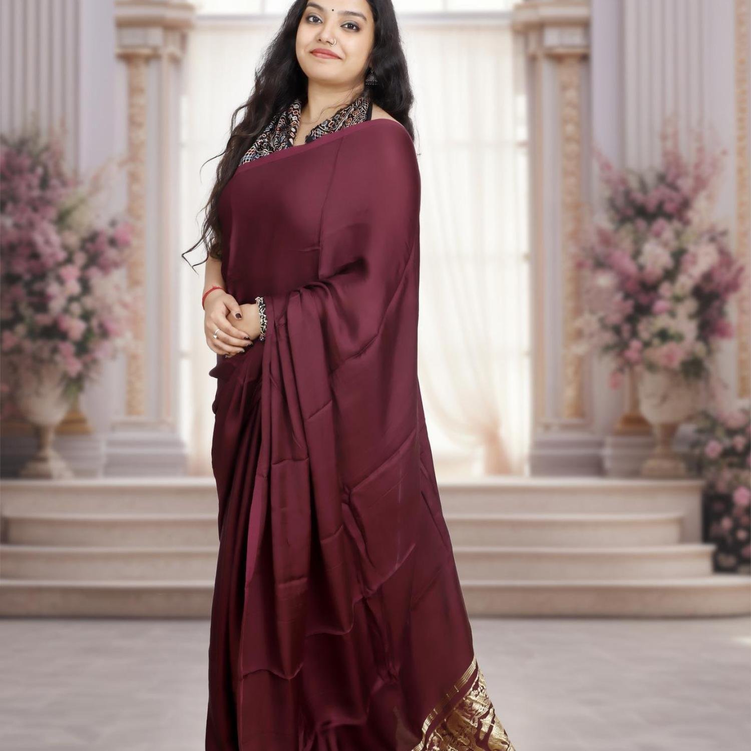 Plain Modal Silk Saree (Brown) With Nakshi Pallu And Ajrakh Blouse