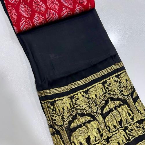 Plain Modal Silk Saree (Black) With Nakshi Pallu And Ajrakh Blouse