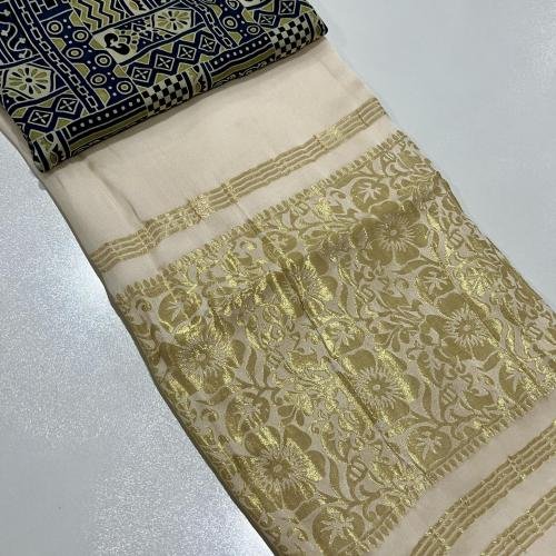 Plain Modal Silk Saree (White) With Nakshi Pallu And Ajrakh Blouse