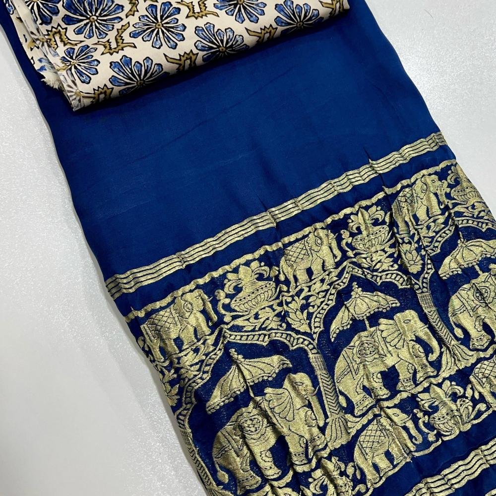 Plain Modal Silk Saree (Deep Blue) With Nakshi Pallu And Ajrakh Blouse