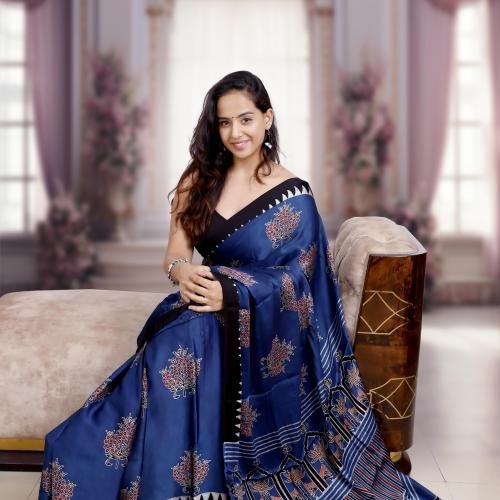 Ajrakh Modal Silk Saree (Blue) with Hand Made Tassels