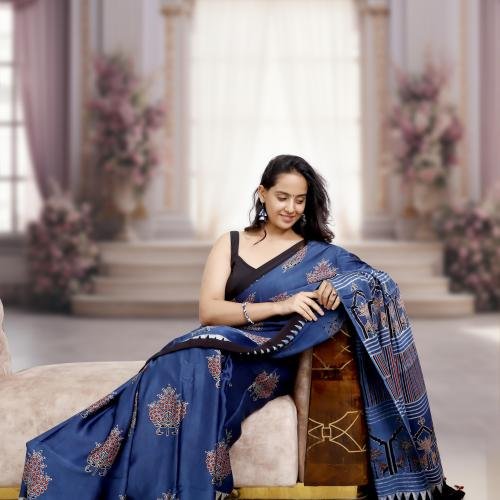 Ajrakh Modal Silk Saree (Blue) with Hand Made Tassels