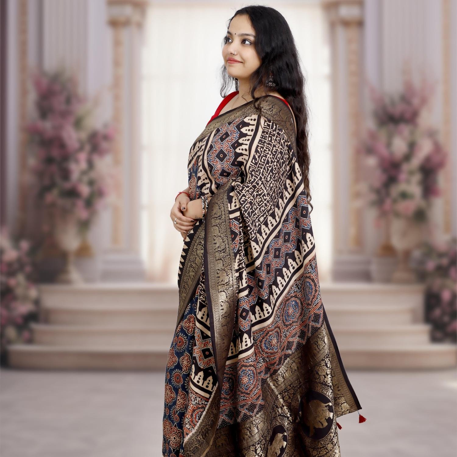 AJRAKH DOLA SILK SAREE (BLUE-BLACK) WITH NAKSHI ZARI PALLU