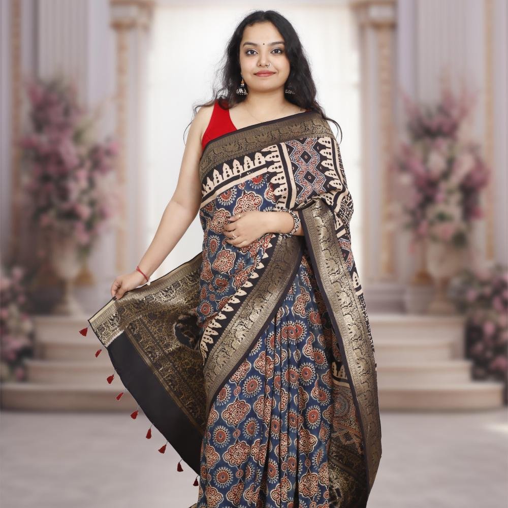 AJRAKH DOLA SILK SAREE (BLUE-BLACK) WITH NAKSHI ZARI PALLU
