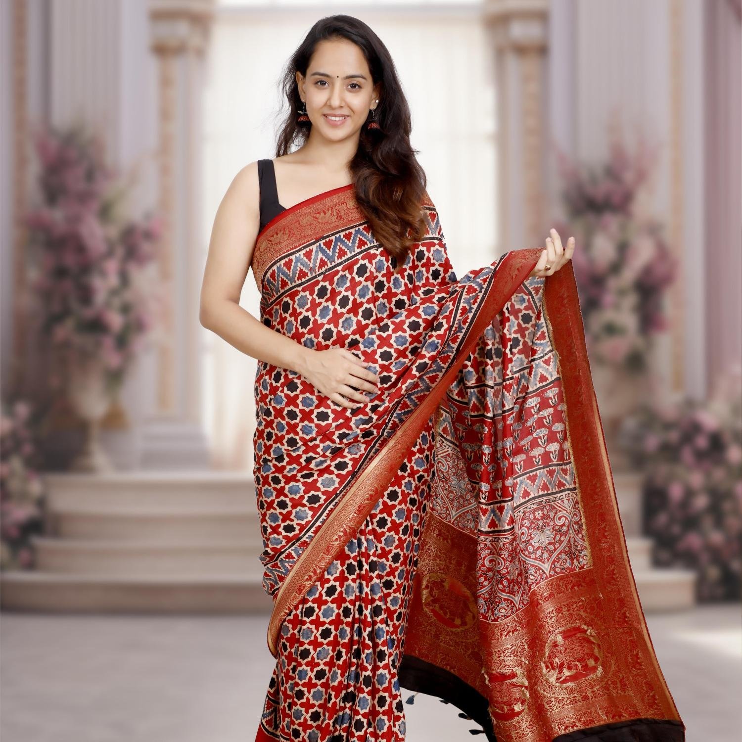 AJRAKH DOLA SILK SAREE (RED) WITH NAKSHI ZARI PALLU