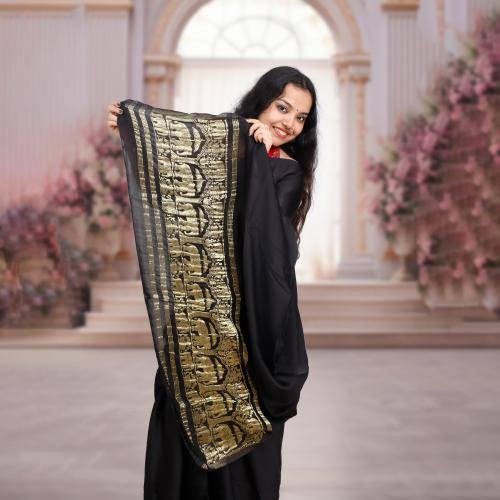 Plain Modal Silk Saree (Black) With Nakshi Pallu And Ajrakh Blouse