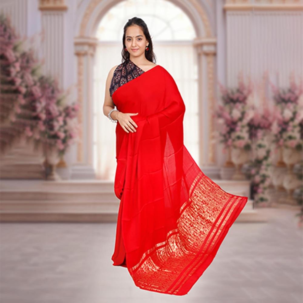 Plain Modal Silk Saree (Red) With Nakshi Pallu And Ajrakh Blouse