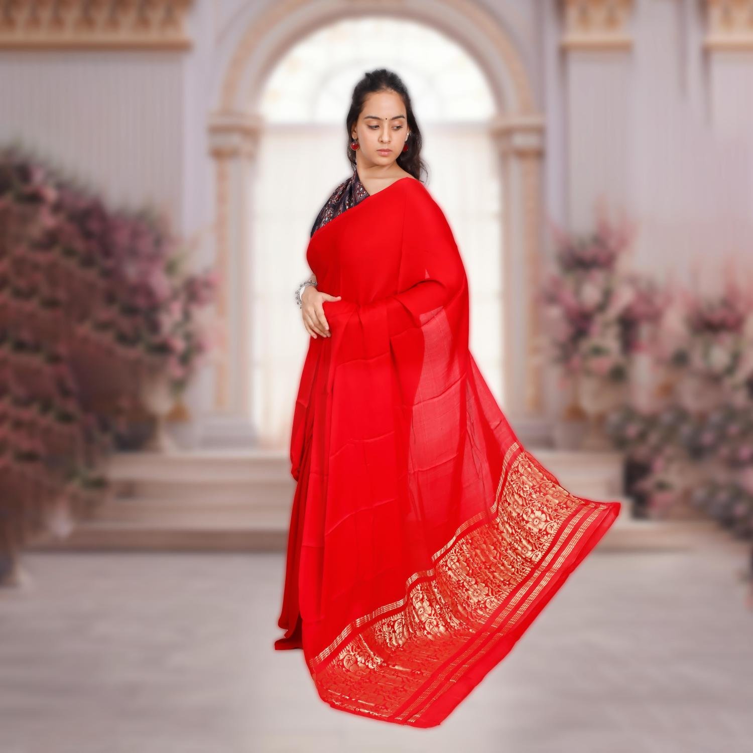 Plain Modal Silk Saree (Red) With Nakshi Pallu And Ajrakh Blouse