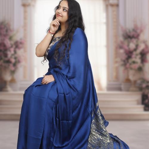Plain Modal Silk Saree (Deep Blue) With Nakshi Pallu And Ajrakh Blouse