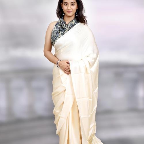 Plain Modal Silk Saree (White) With Nakshi Pallu And Ajrakh Blouse