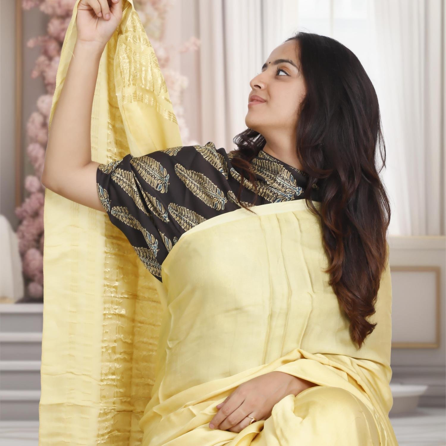 Plain Modal Silk Saree (Yellow) With Nakshi Pallu And Ajrakh Blouse