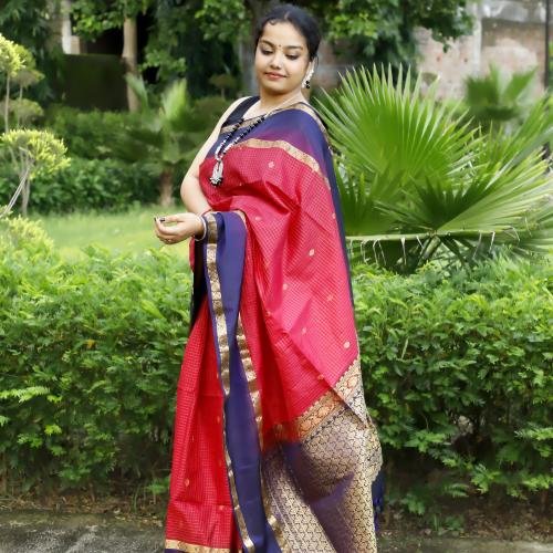 Handwoven Kanchipuram Silk Saree – Purple-Pink Base with Dark Blue Price