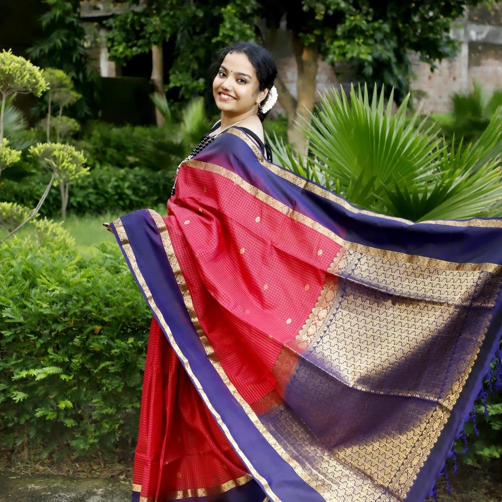 Handwoven Kanchipuram Silk Saree – Purple-Pink Base with Dark Blue Price