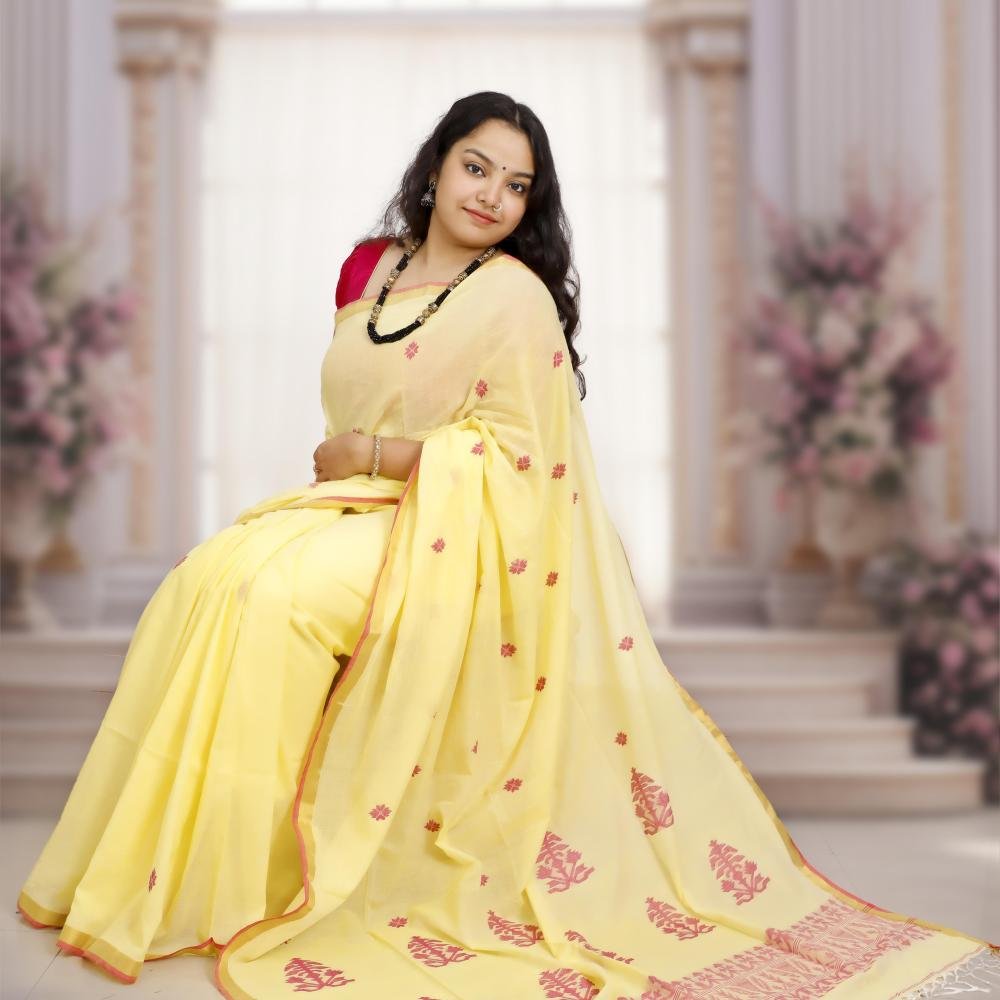 Handwoven Pure Bengal Cotton Saree with Jacquard Pallu – Lemon Yellow