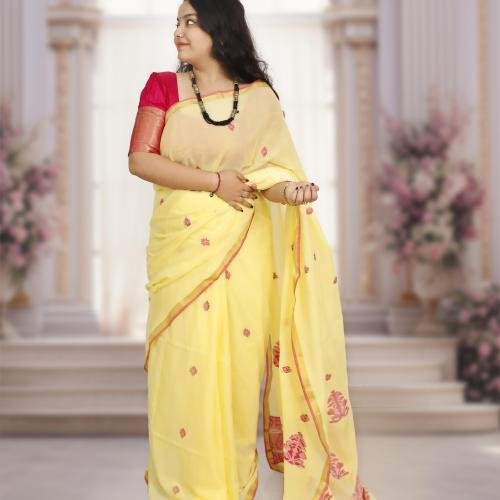 Handwoven Pure Bengal Cotton Saree with Jacquard Pallu – Lemon Yellow