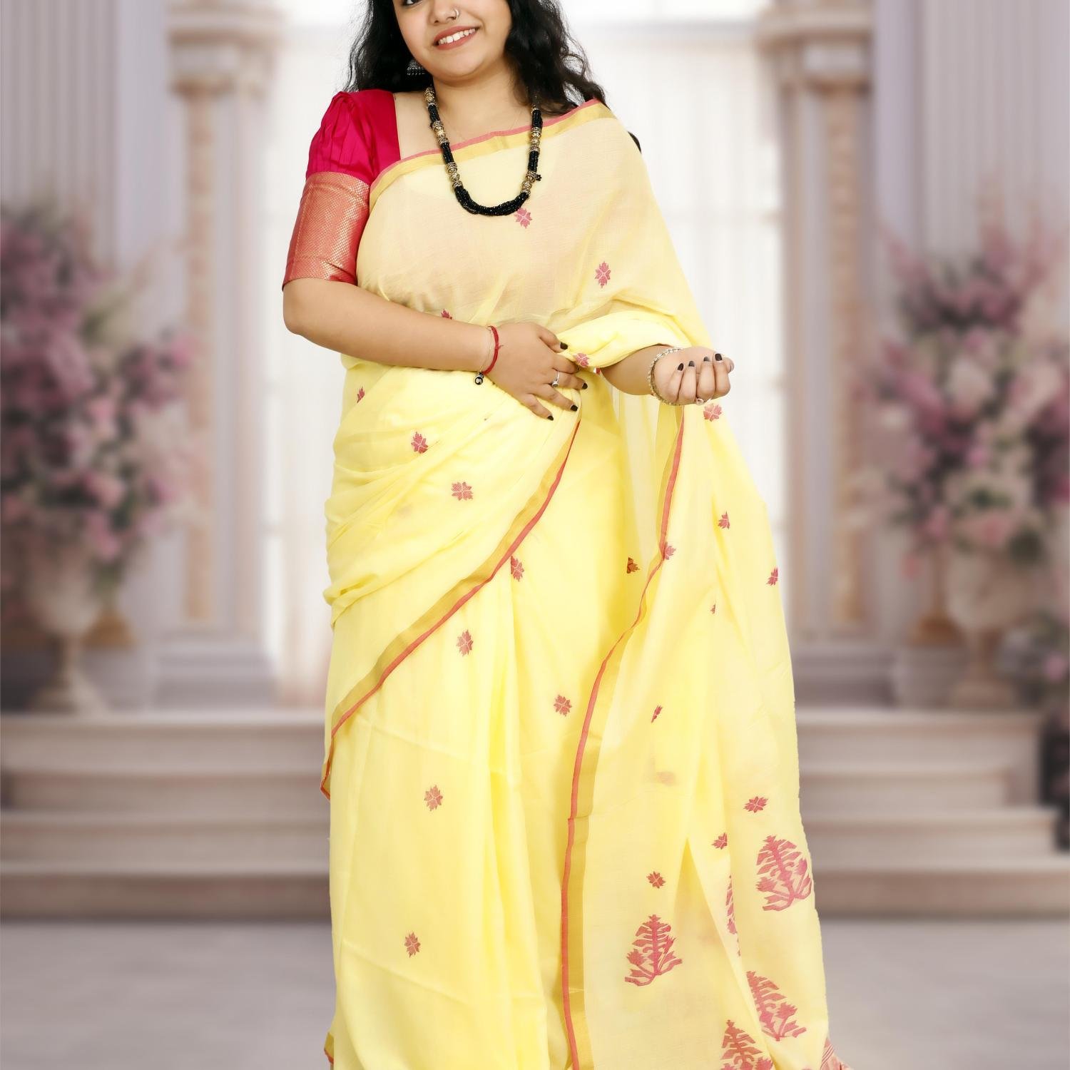 Handwoven Pure Bengal Cotton Saree with Jacquard Pallu – Lemon Yellow