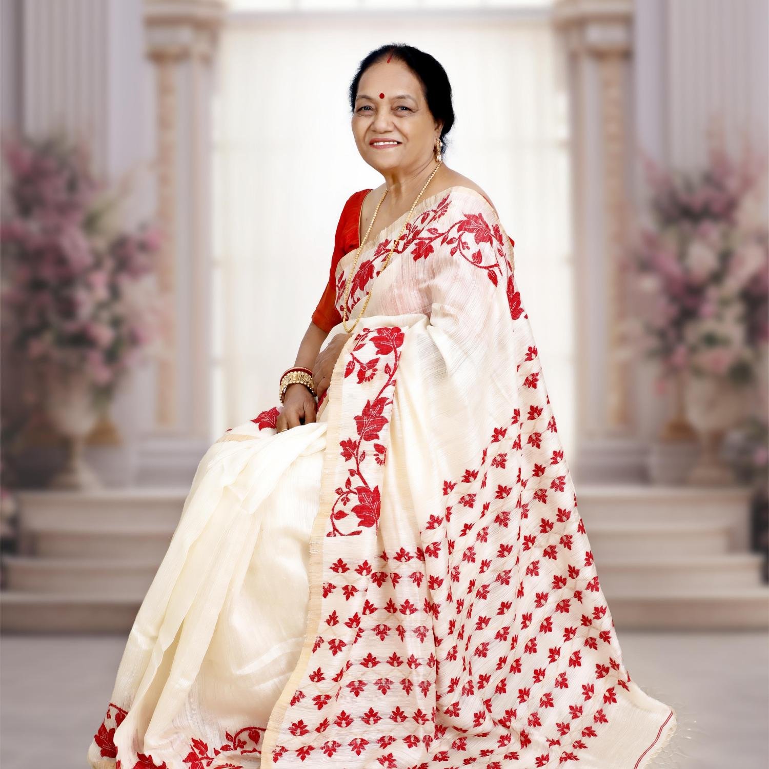 Handwoven Premium Matka Silk Saree with Jamdani Work – Off White with Red Weaving