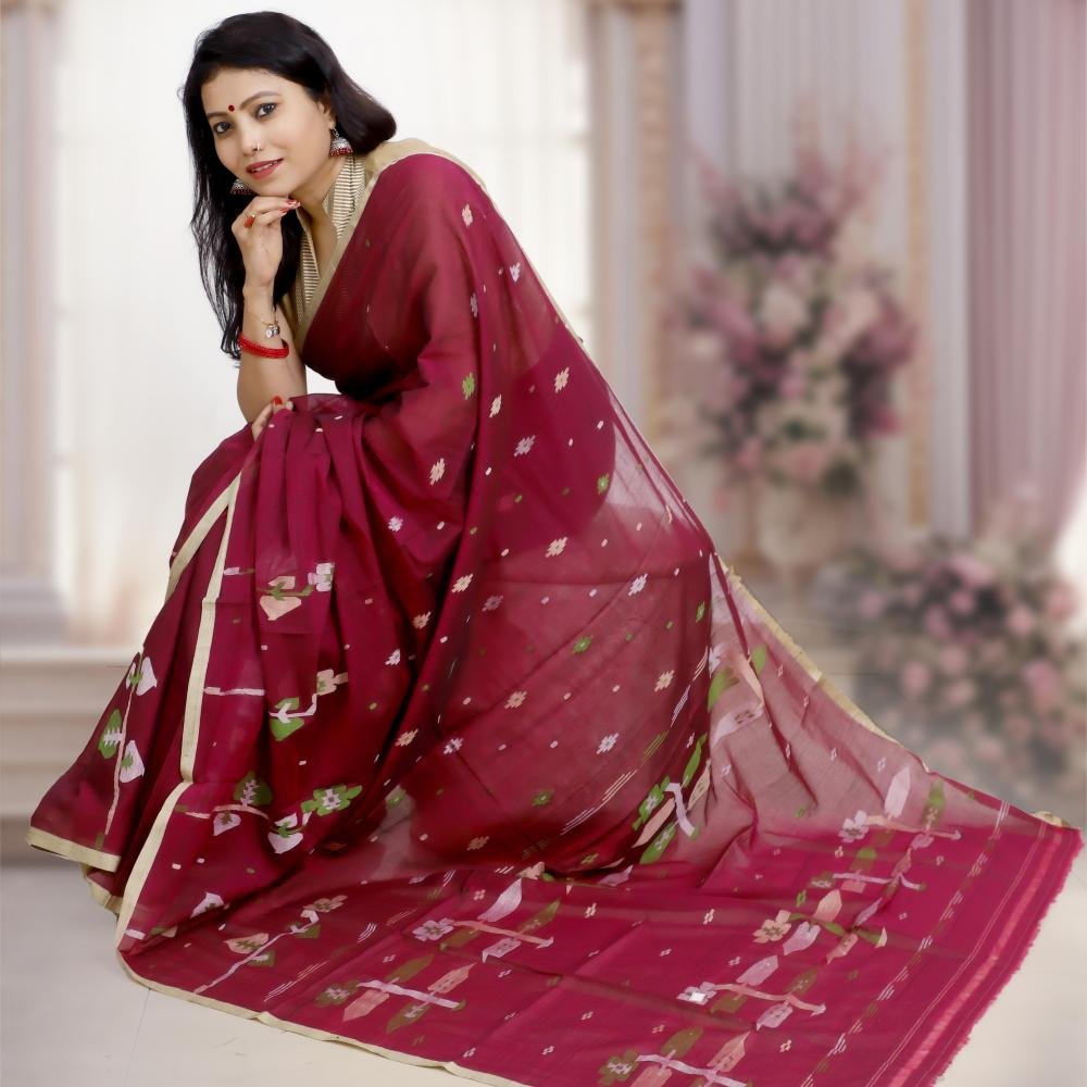 Premium Pure Cotton Handwoven Jamdani Saree – Needle Work in Jamun Pink