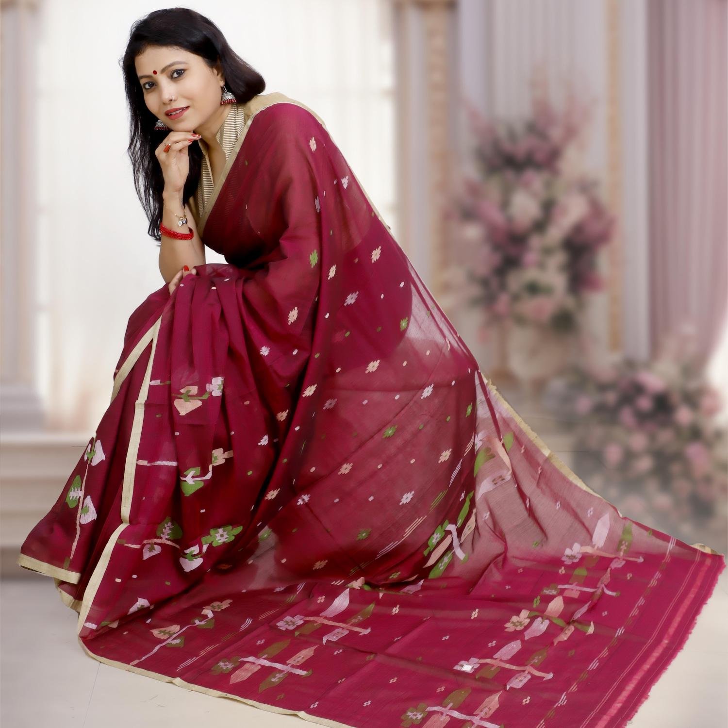 Premium Pure Cotton Handwoven Jamdani Saree – Needle Work in Jamun Pink