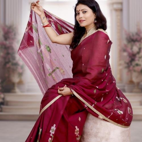 Premium Pure Cotton Handwoven Jamdani Saree – Needle Work in Jamun Pink