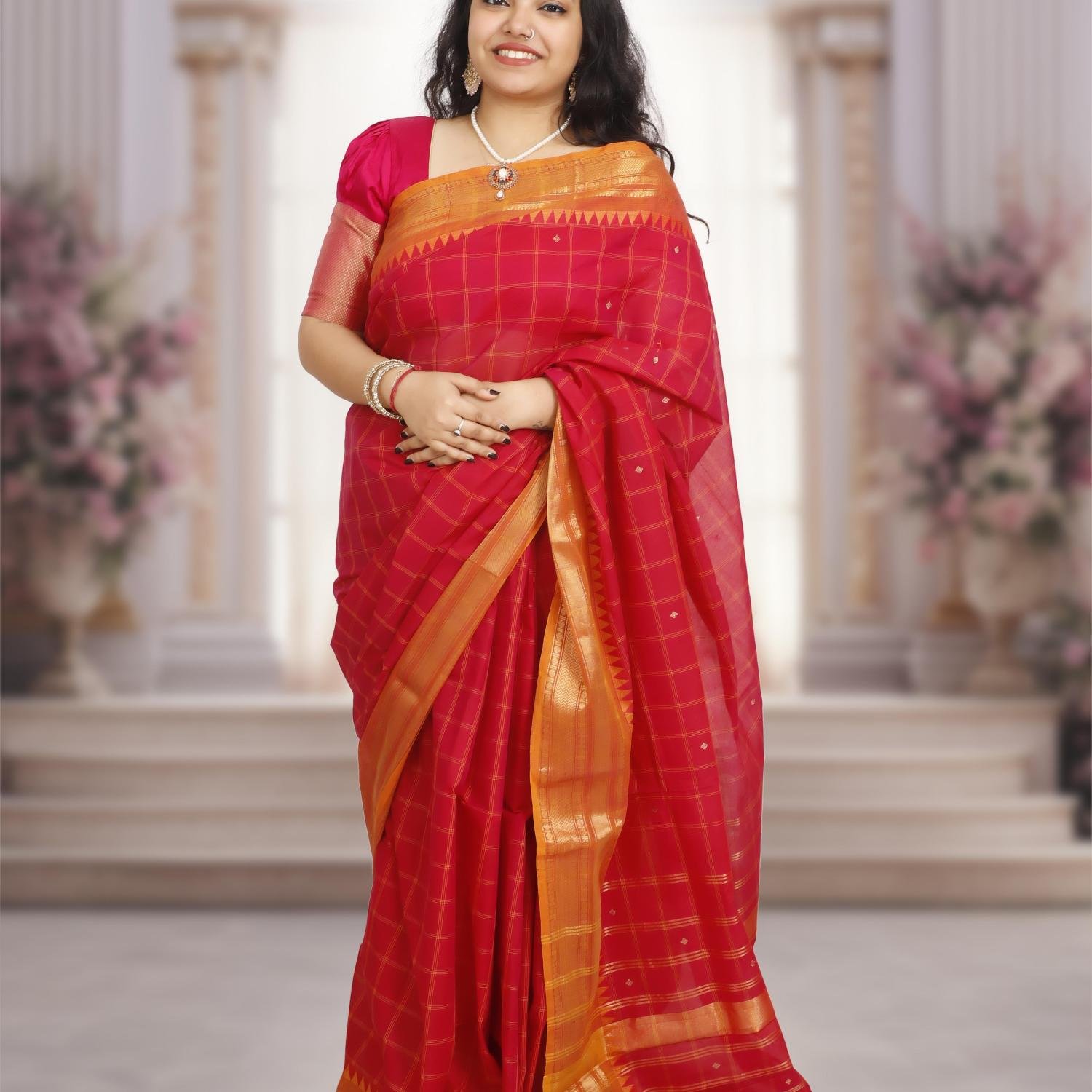 Pure Kanchi Cotton Saree – Red Body with Square Checks, Orange Border & Gold Zari