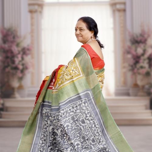 Pure Tussar Silk Saree Dyed Multicolour with Kantha Stitch