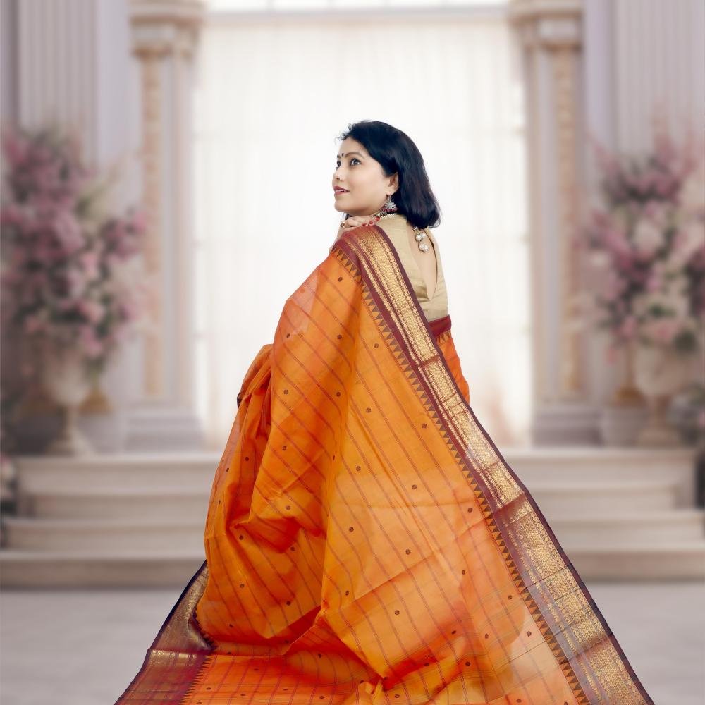 Pure Kanchi Cotton Saree – Orange Body with Brown & Golden Zari Border