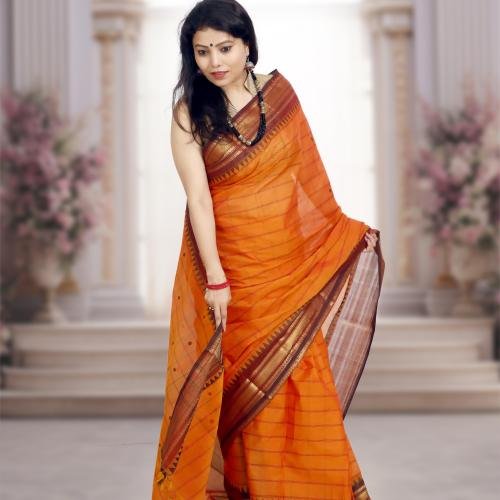 Pure Kanchi Cotton Saree – Orange Body with Brown & Golden Zari Border