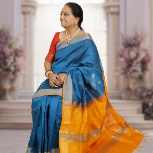Kanchi Silk Cotton Saree – Blue Body with Orange Pallu & Golden Zari Border