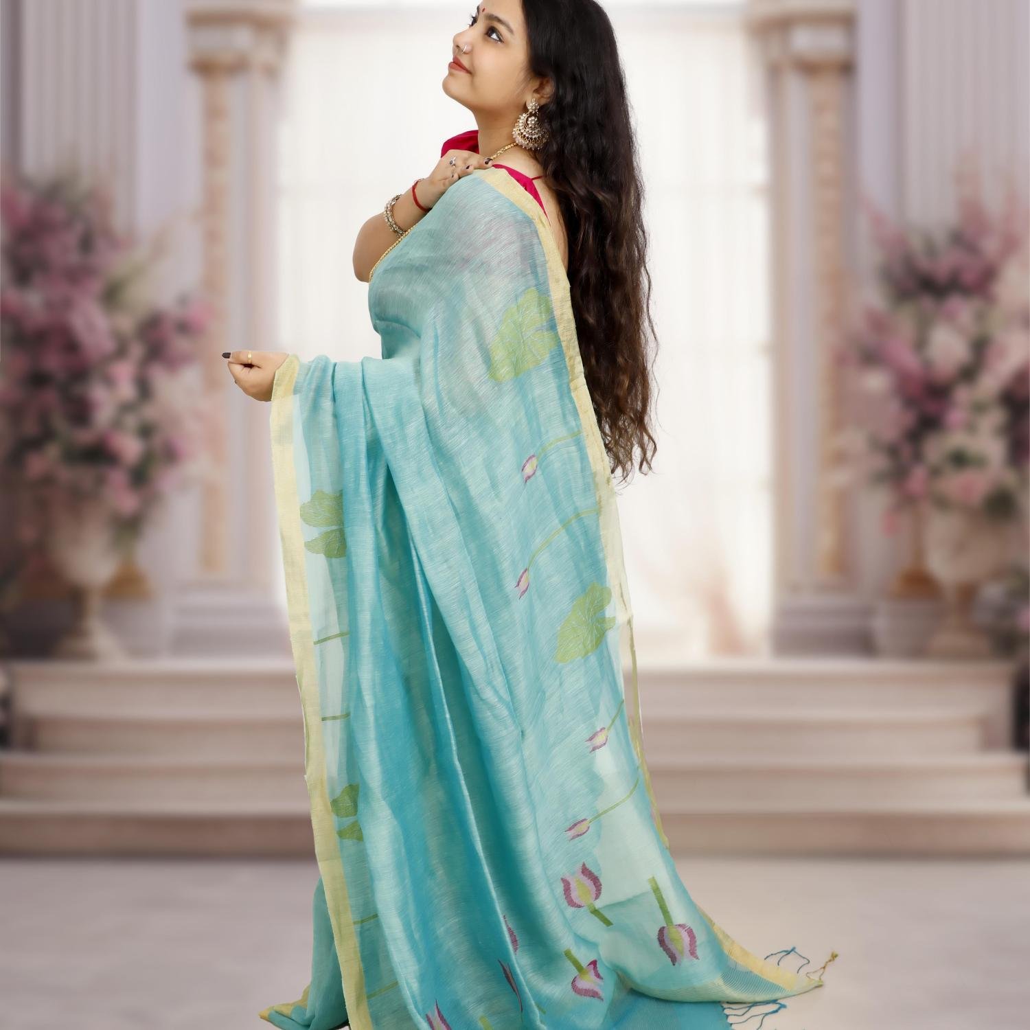 Silk Linen Jamdani Saree with Gold Zari Border – Teal Blue