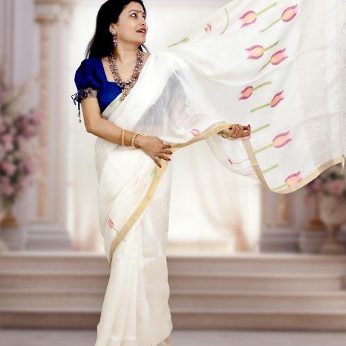 Silk Linen Jamdani Saree with Gold Zari Border – White