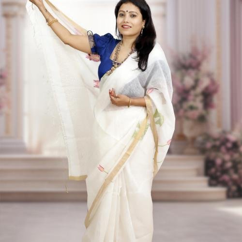 Silk Linen Jamdani Saree with Gold Zari Border – White