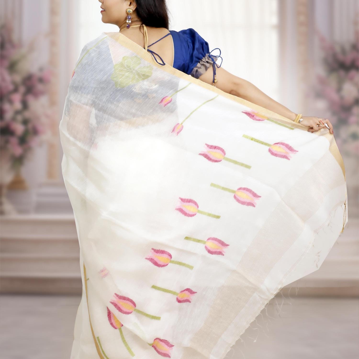 Silk Linen Jamdani Saree with Gold Zari Border – White