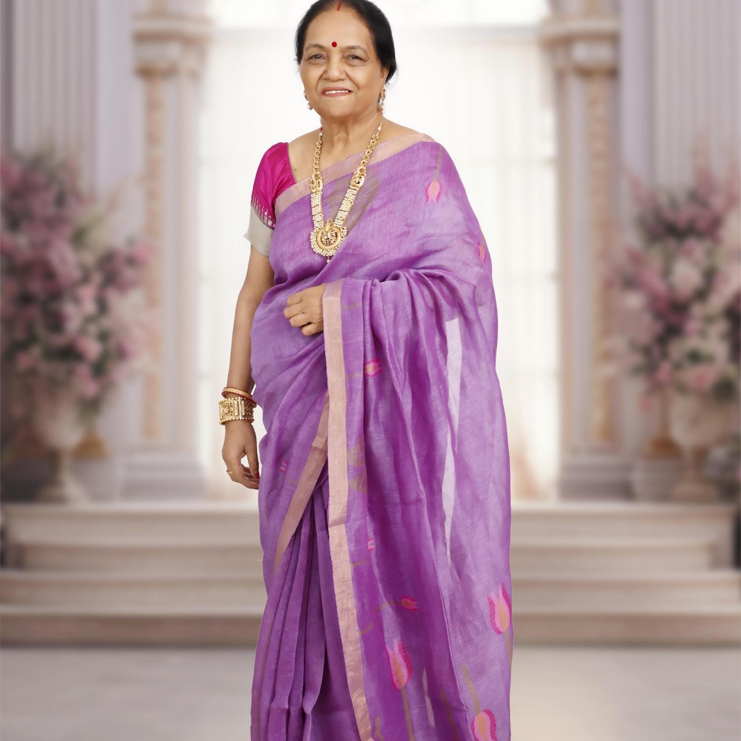 Silk Linen Jamdani Saree with Gold Zari Border – Mauve