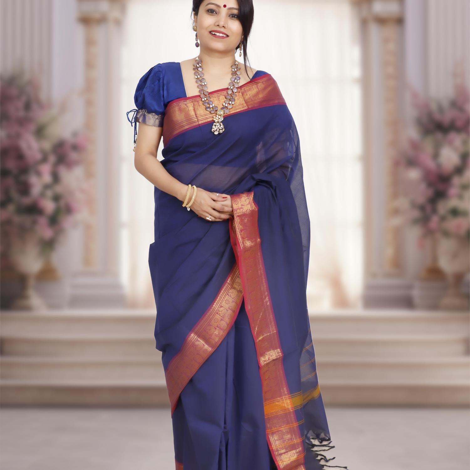 Pure Kanchi Cotton Saree – Dark Blue Body With Maroon & Golden Zari Border