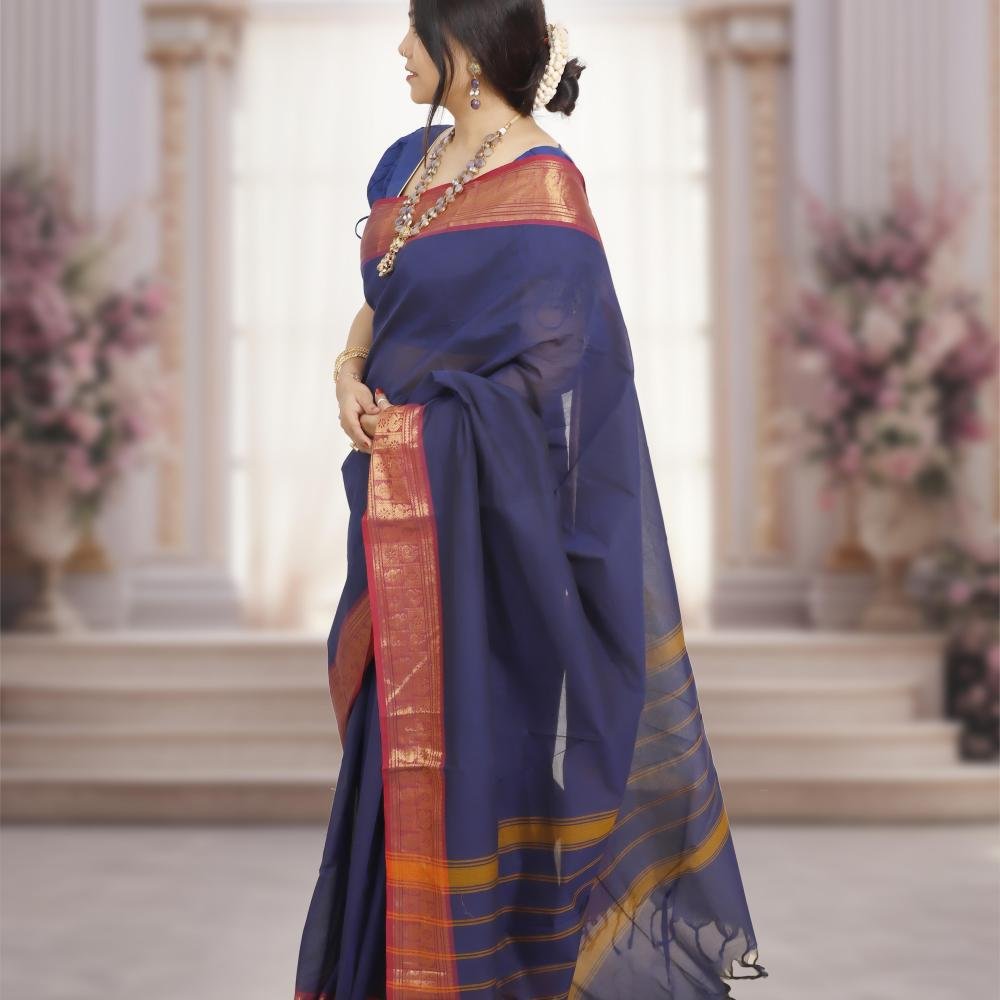 Pure Kanchi Cotton Saree – Dark Blue Body With Maroon & Golden Zari Border