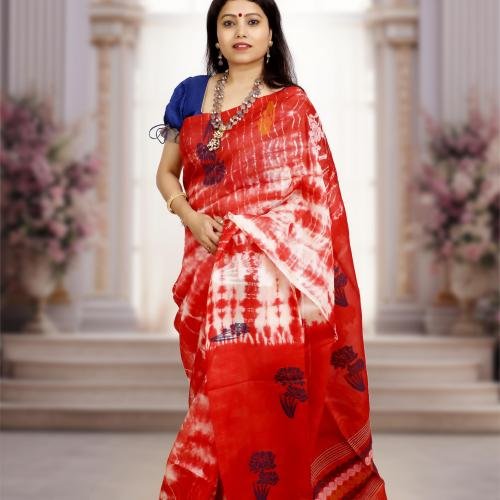 Handwoven Tusser Shrivori Jamdani Saree – Red & White