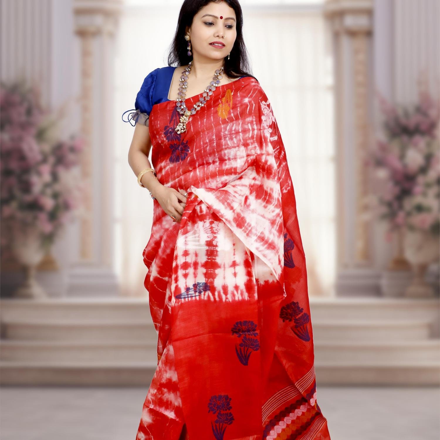 Handwoven Tusser Shrivori Jamdani Saree – Red & White