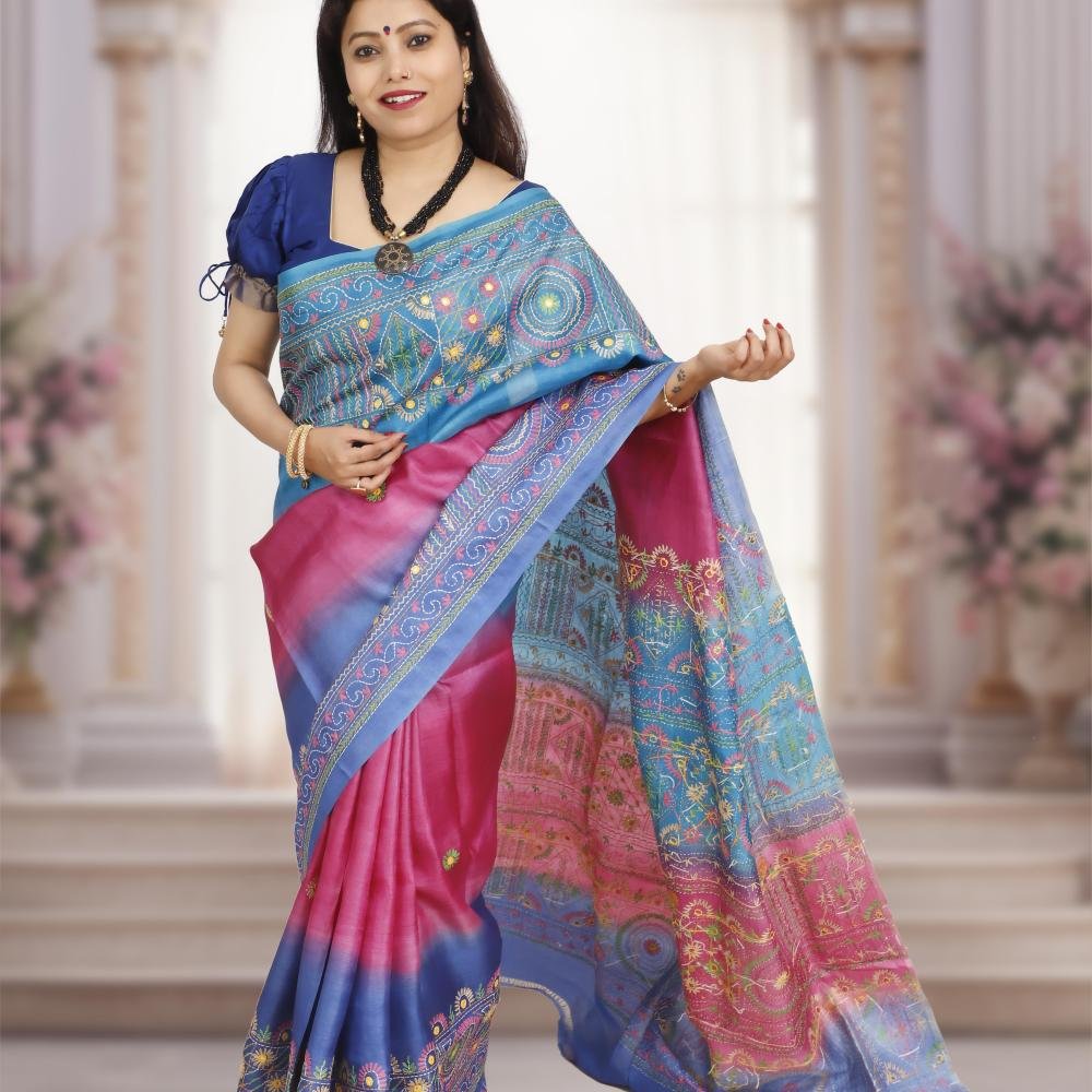 Pure Tusser Silk Lambani Stitch Saree – Blue & Pink