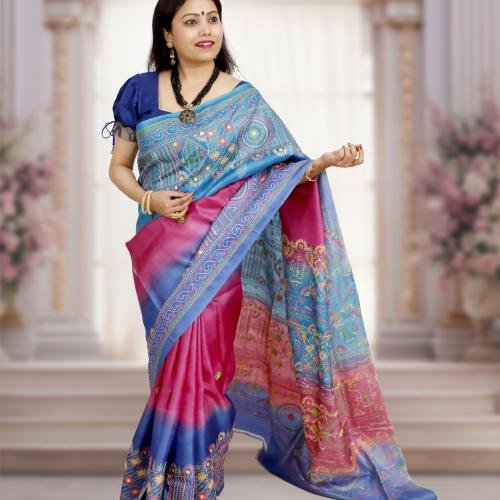 Pure Tusser Silk Lambani Stitch Saree – Blue & Pink