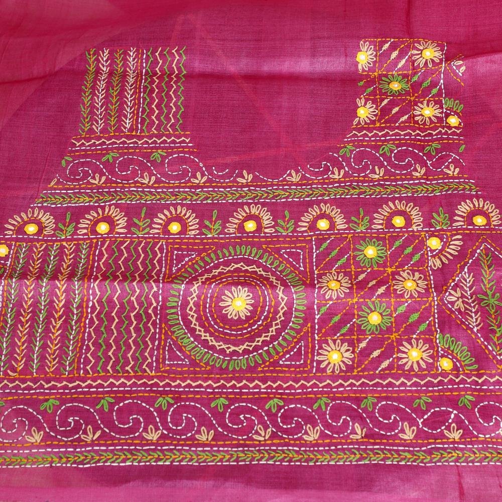 Pure Tusser Silk Lambani Stitch Saree – Blue & Pink