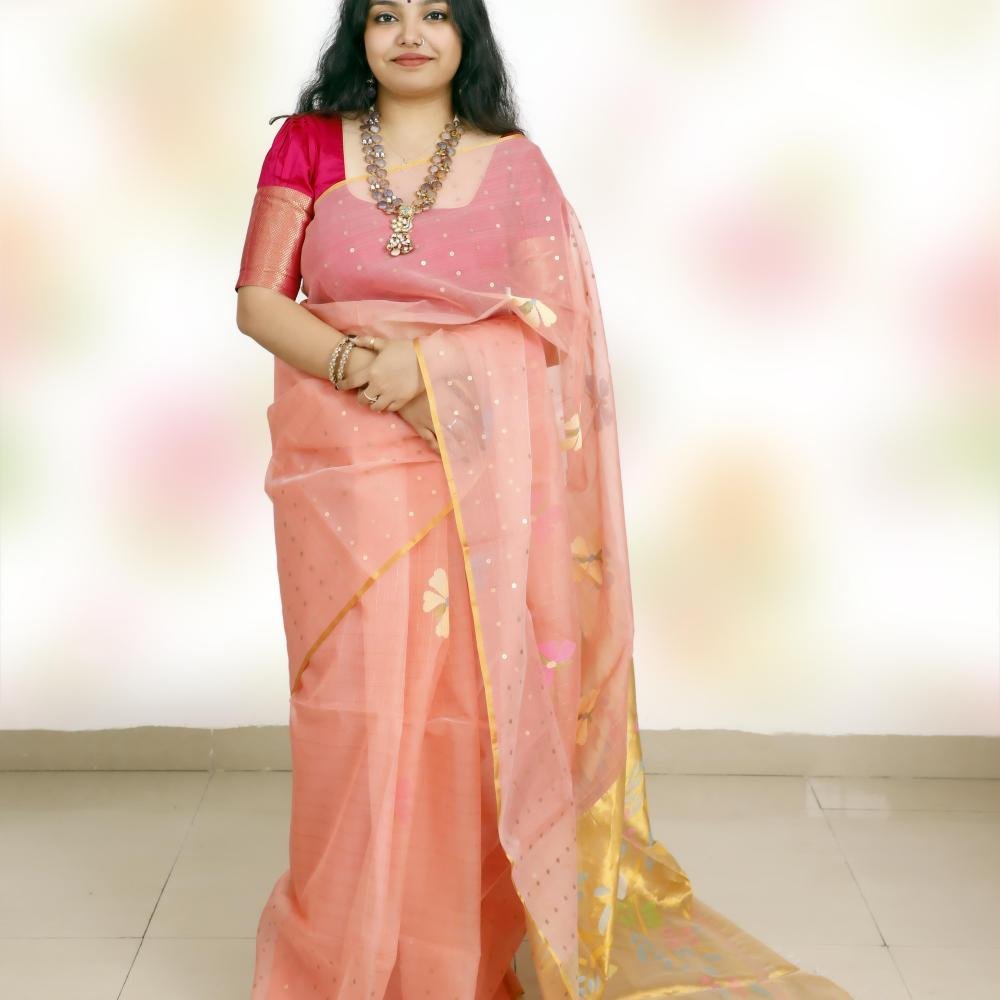 Pure Muslin Paithani Jamdani Saree with Sequins – Peach Pink