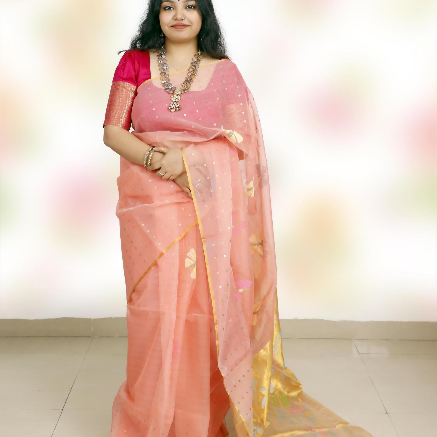 Pure Muslin Paithani Jamdani Saree with Sequins – Peach Pink