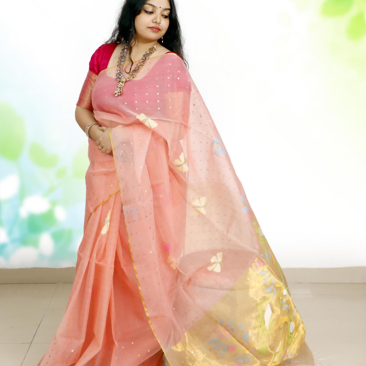 Pure Muslin Paithani Jamdani Saree with Sequins – Peach Pink