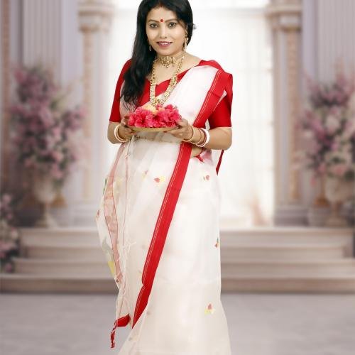 White Muslin Silk Handwoven Dhakai Jamdani Saree with Red Border