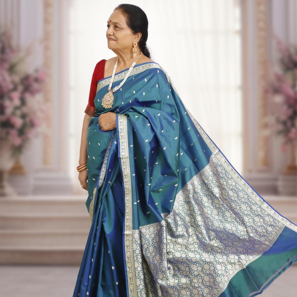 Dual Tone Green & Blue Katan Resham Kadwa Banarasi Silk Saree