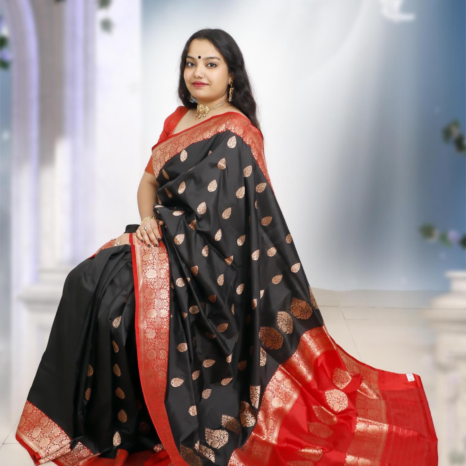 Banarasi Handloom Pure Katan Silk Saree with Kaduwa Zari Buti – Black & Red