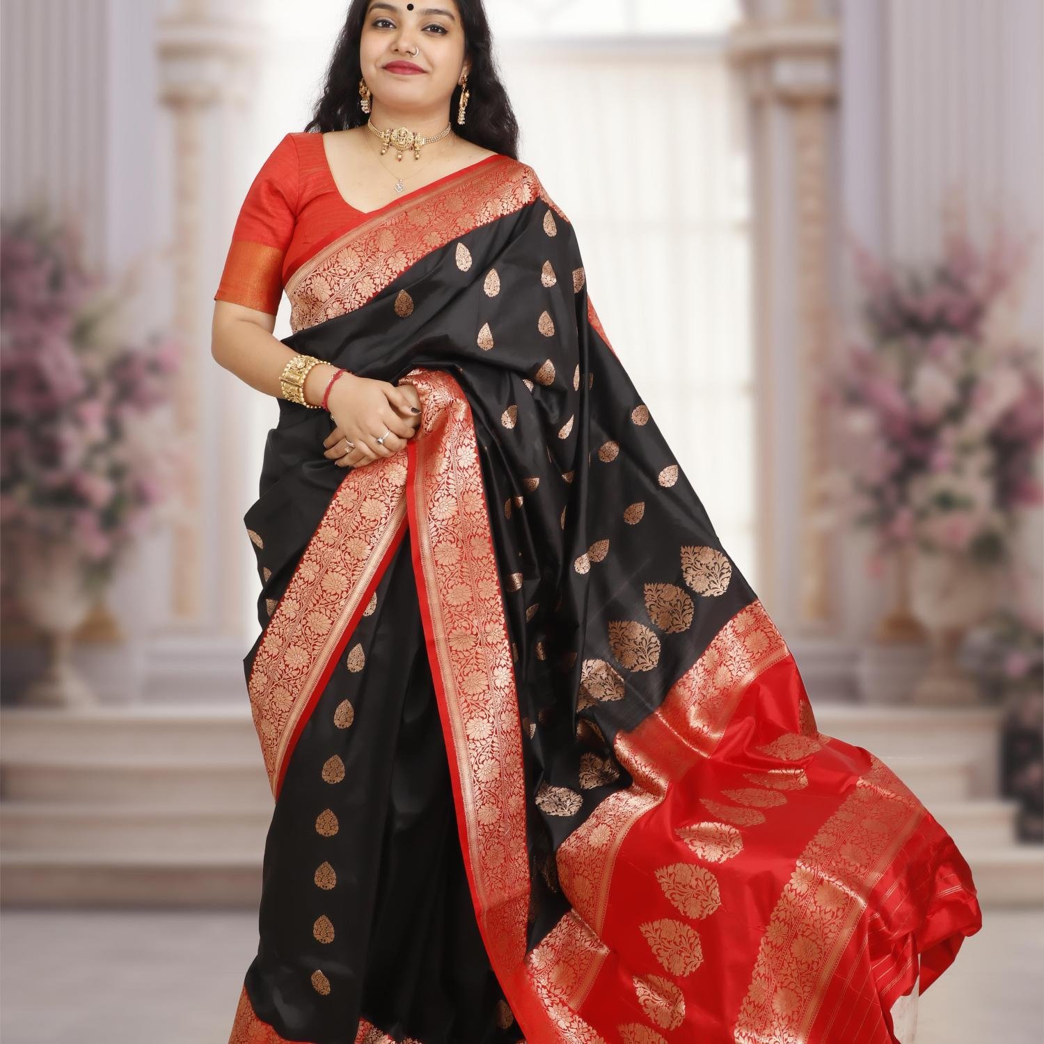 Banarasi Handloom Pure Katan Silk Saree with Kaduwa Zari Buti – Black & Red