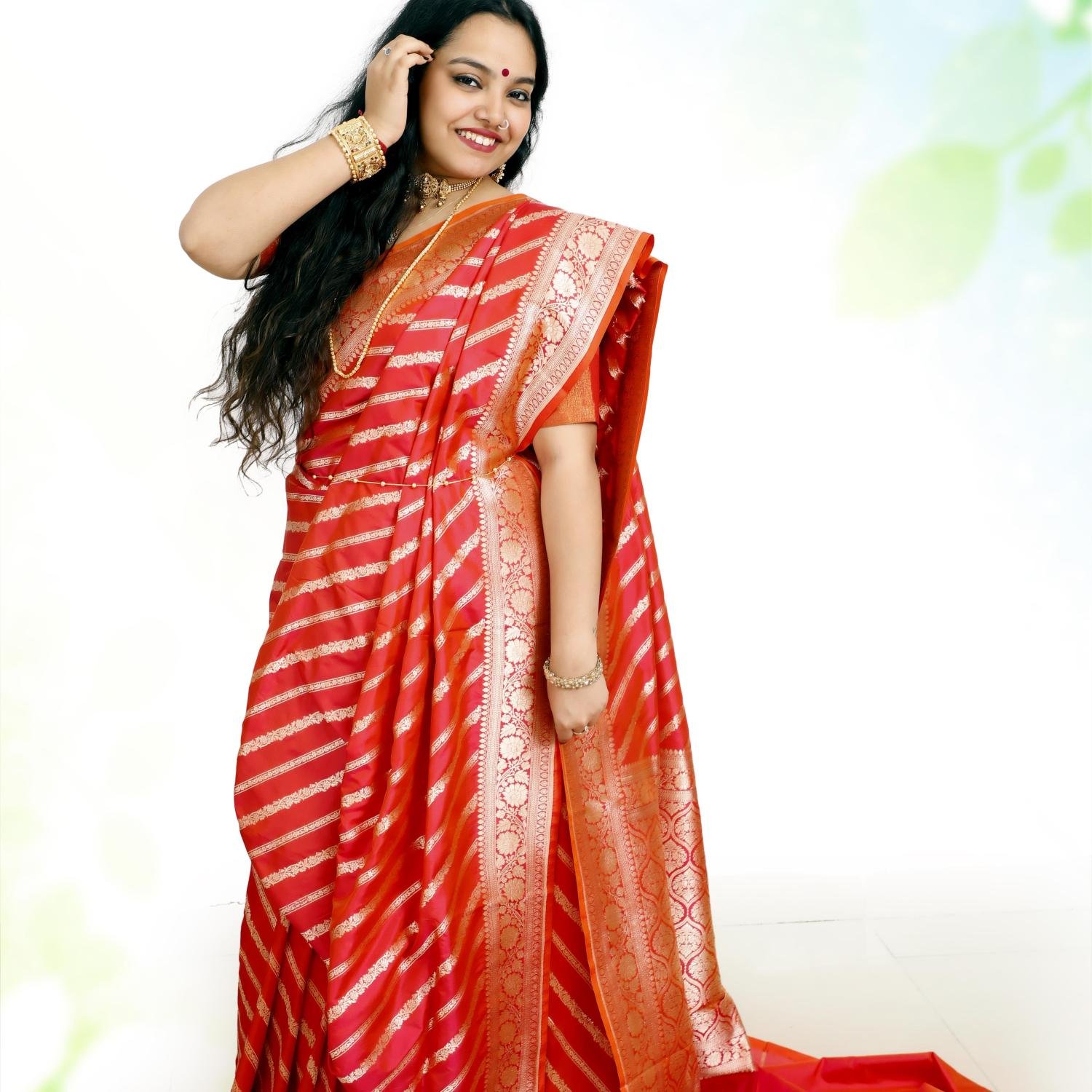 Banarasi Katan by Katan Silk Saree with Leheria – Dual Tone Dark Pink & Orange